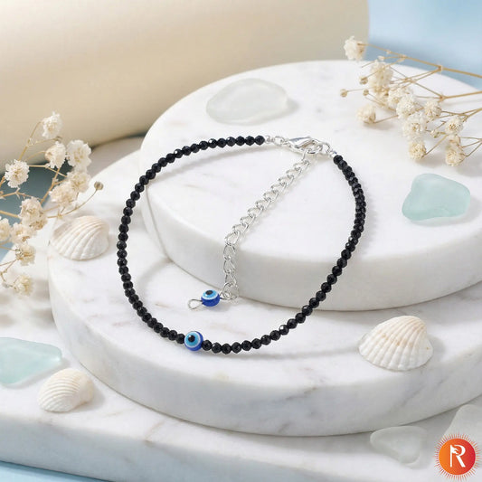 The Midnight Guardian Black Spinel & Evil Eye Protection Anklet Religious Bazar