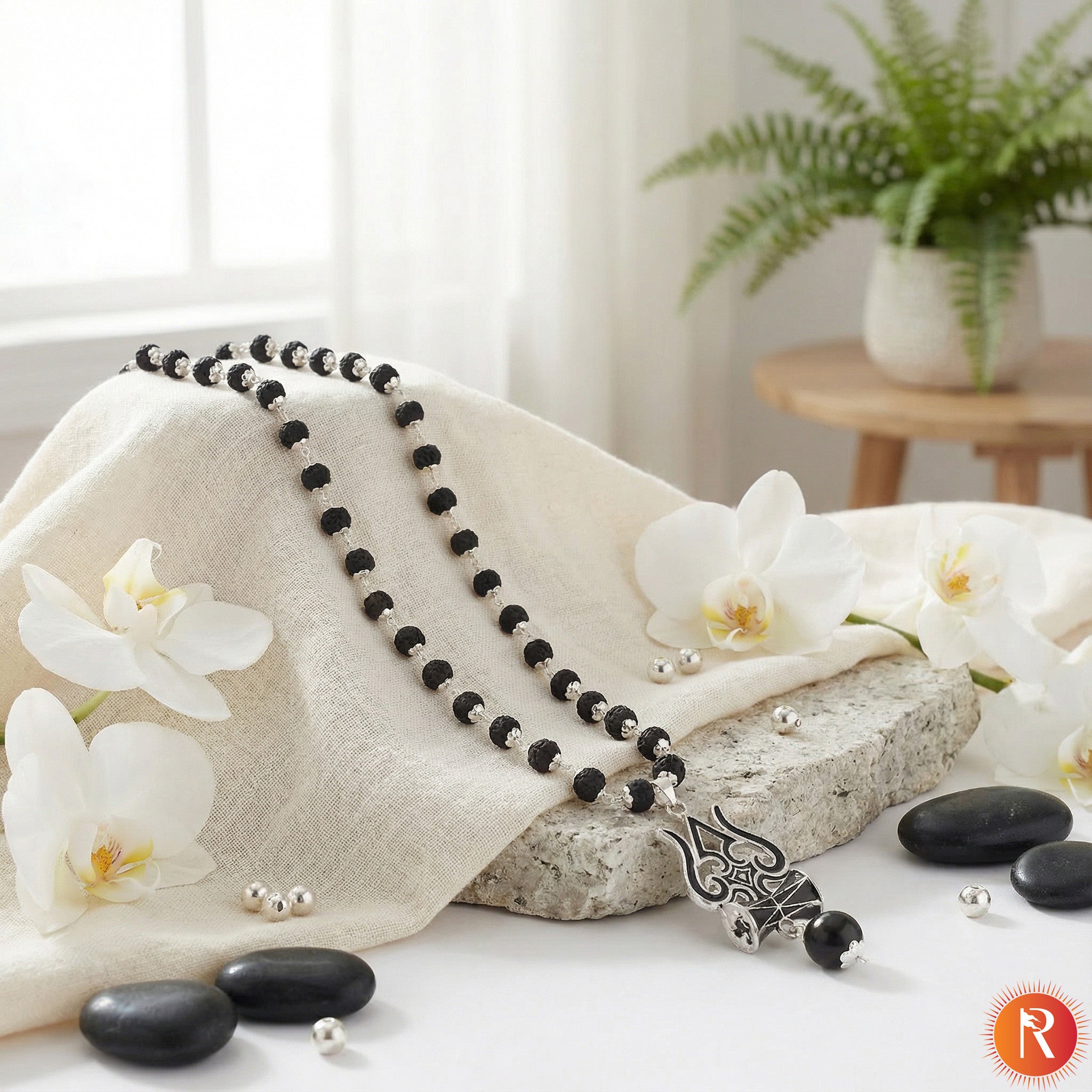 Karungali Mala & Mahadev Trishul & Damru Pendant with Silver Capping