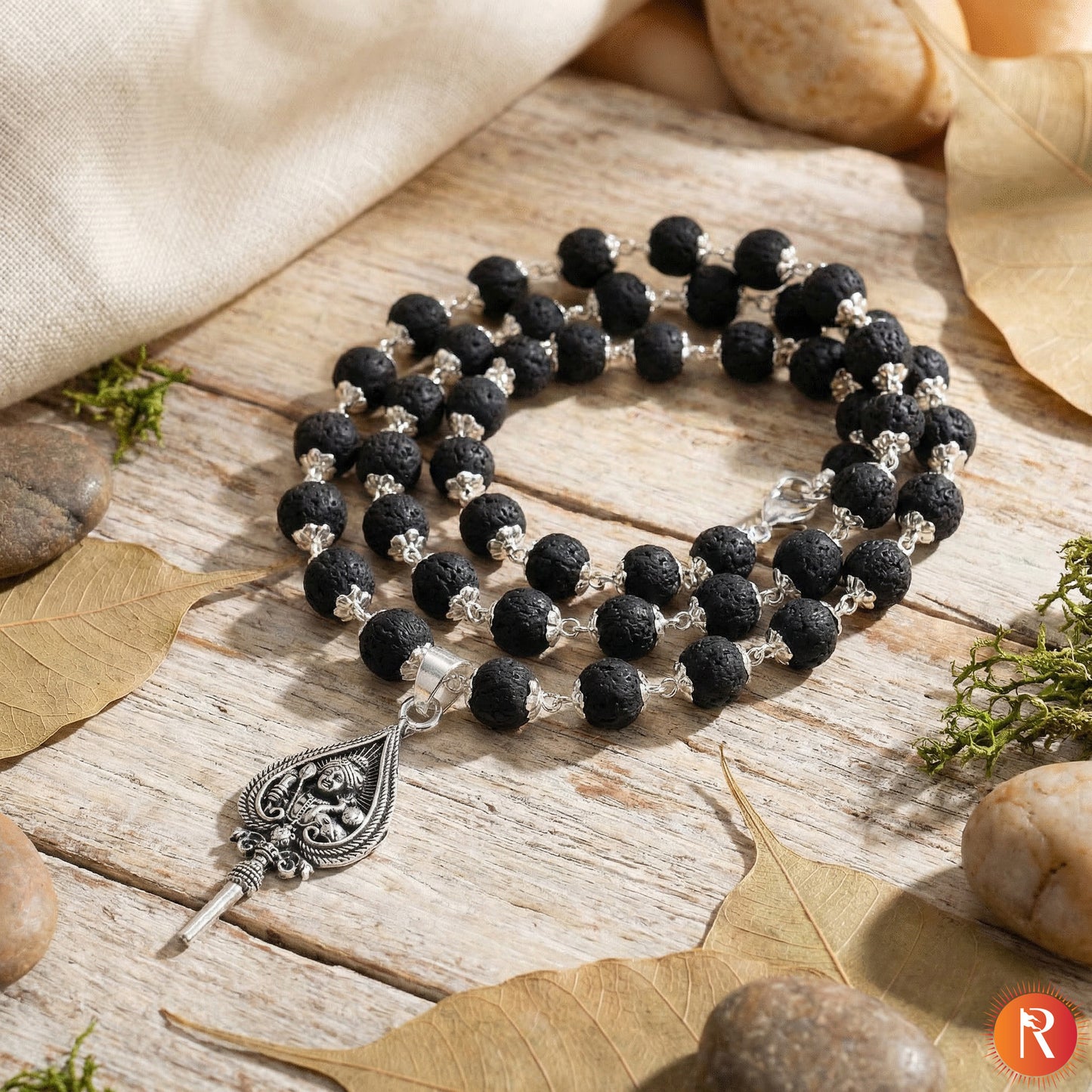 Silver Capped Karungali Malai with Lord Murugan Vel Pendant