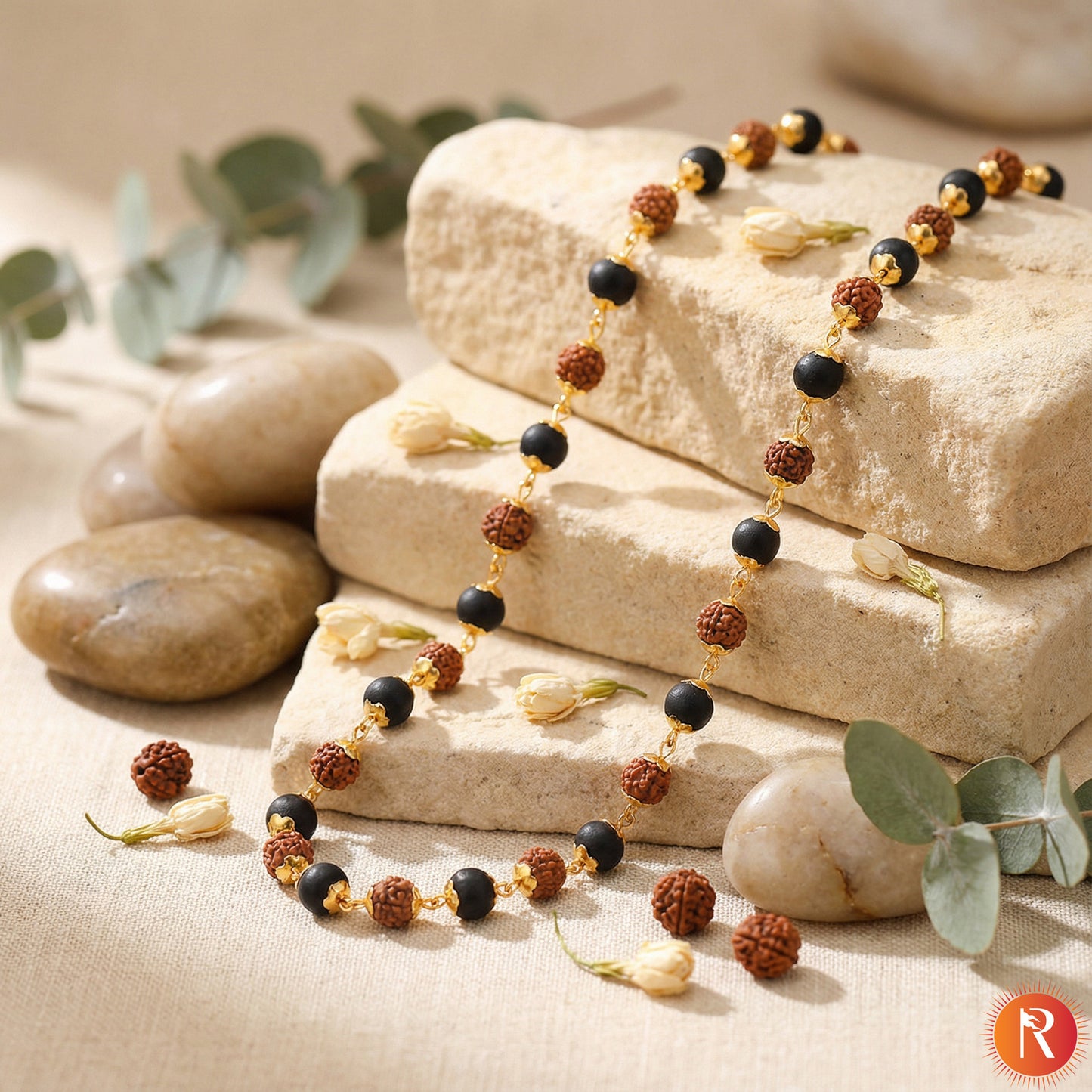 Divine Authentic Karungali & Panchmukhi Rudraksha Protection Mala with Golden Capping