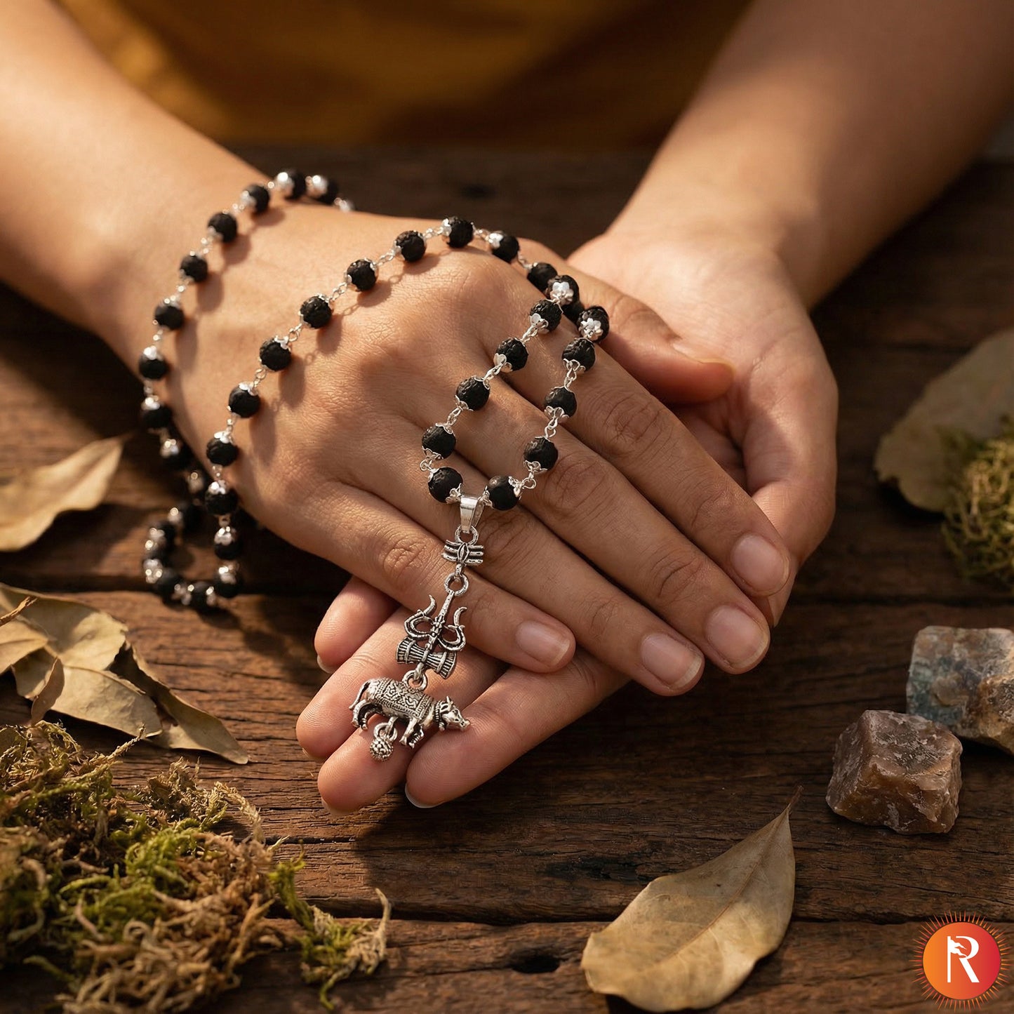 Shiva-Shakti Karungali Malai Silver Capped with Trishul, Damru, and Nandi Pendant