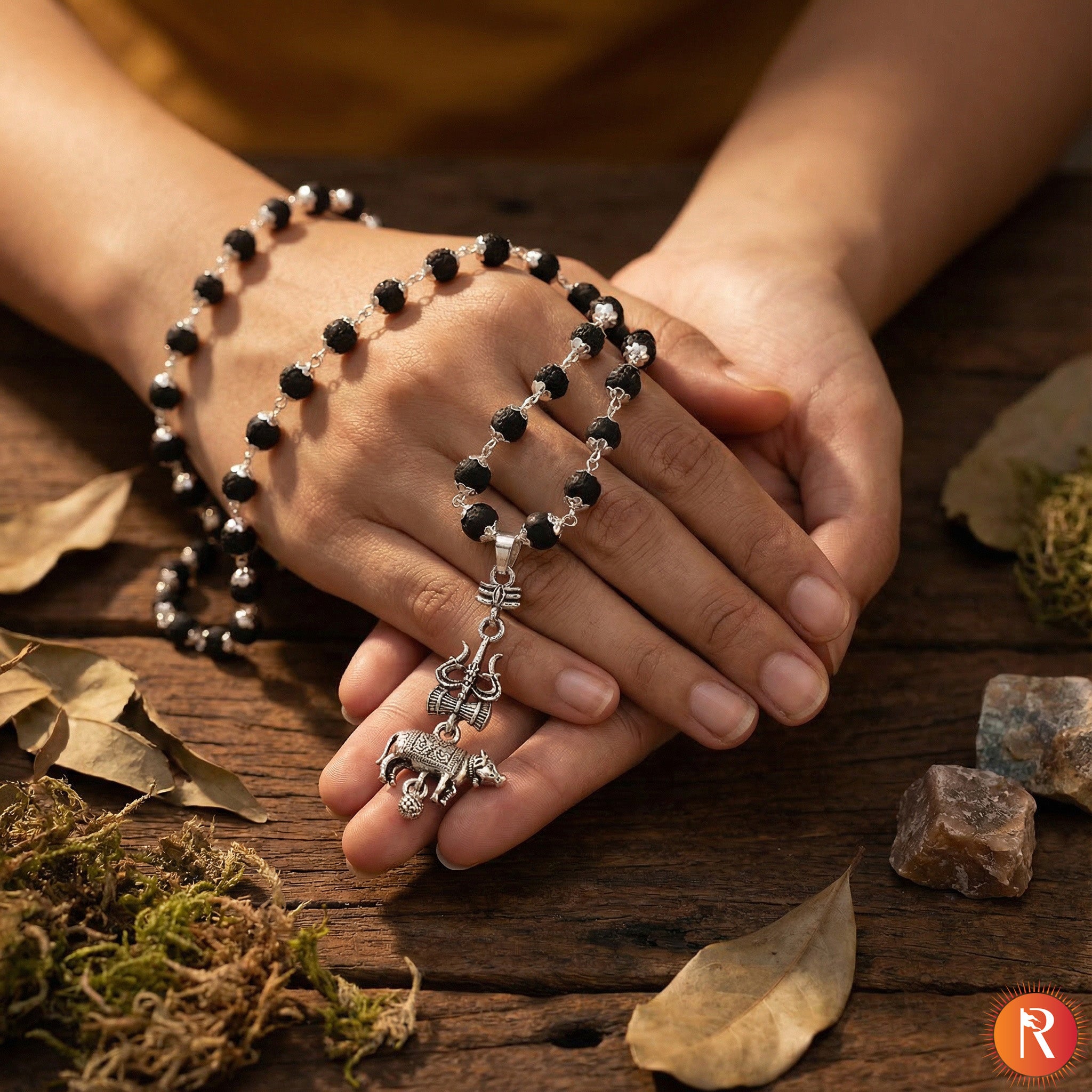 Shiva-Shakti Karungali Malai Silver Capped with Trishul, Damru, and Nandi Pendant