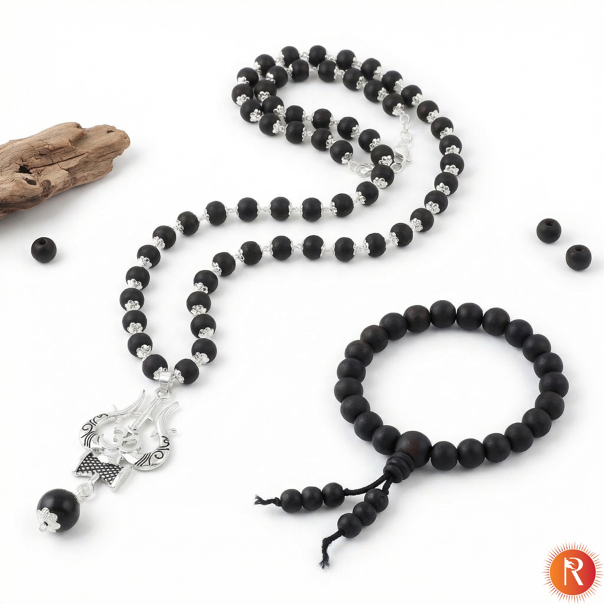 Divine Karungali Combo: Silver-Capped Malai & Shiva-Shakti Pendants with Bracelet