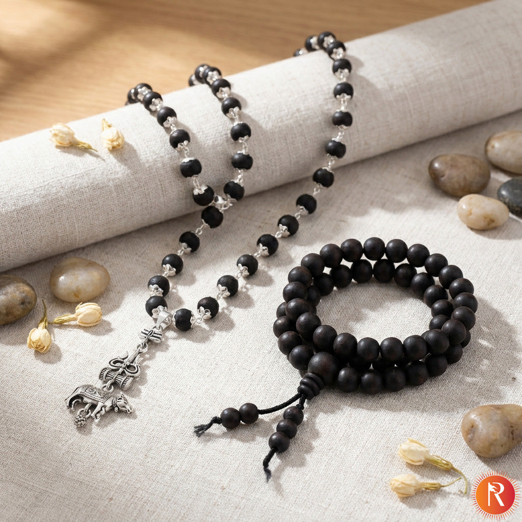 Shiva-Shakti Combo: Karungali Malai & Trishul, Damru, and Nandi Pendant with Bracelet