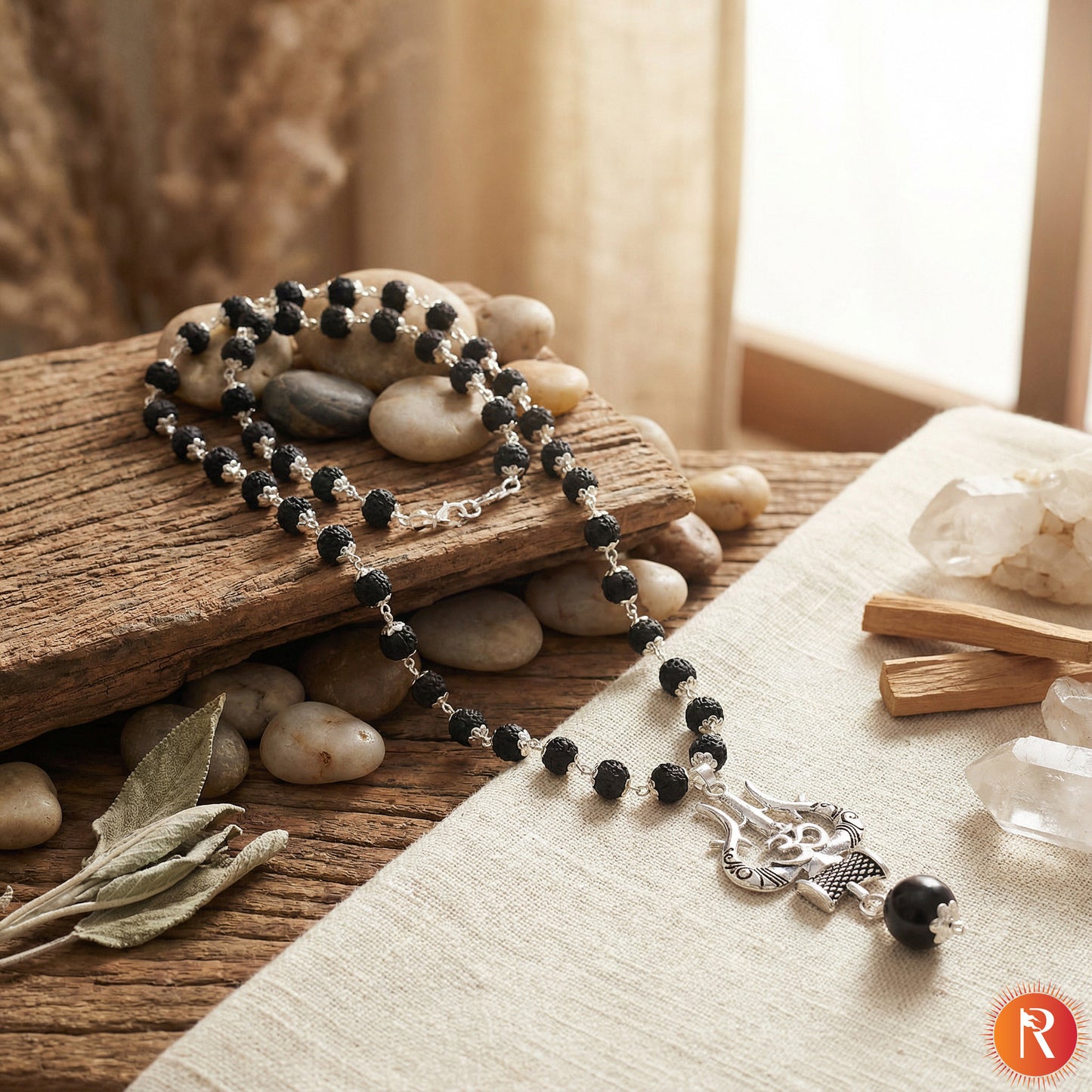 Divine Karungali Malai – Silver-Capped Ebony Beads with Shiva-Shakti Pendants