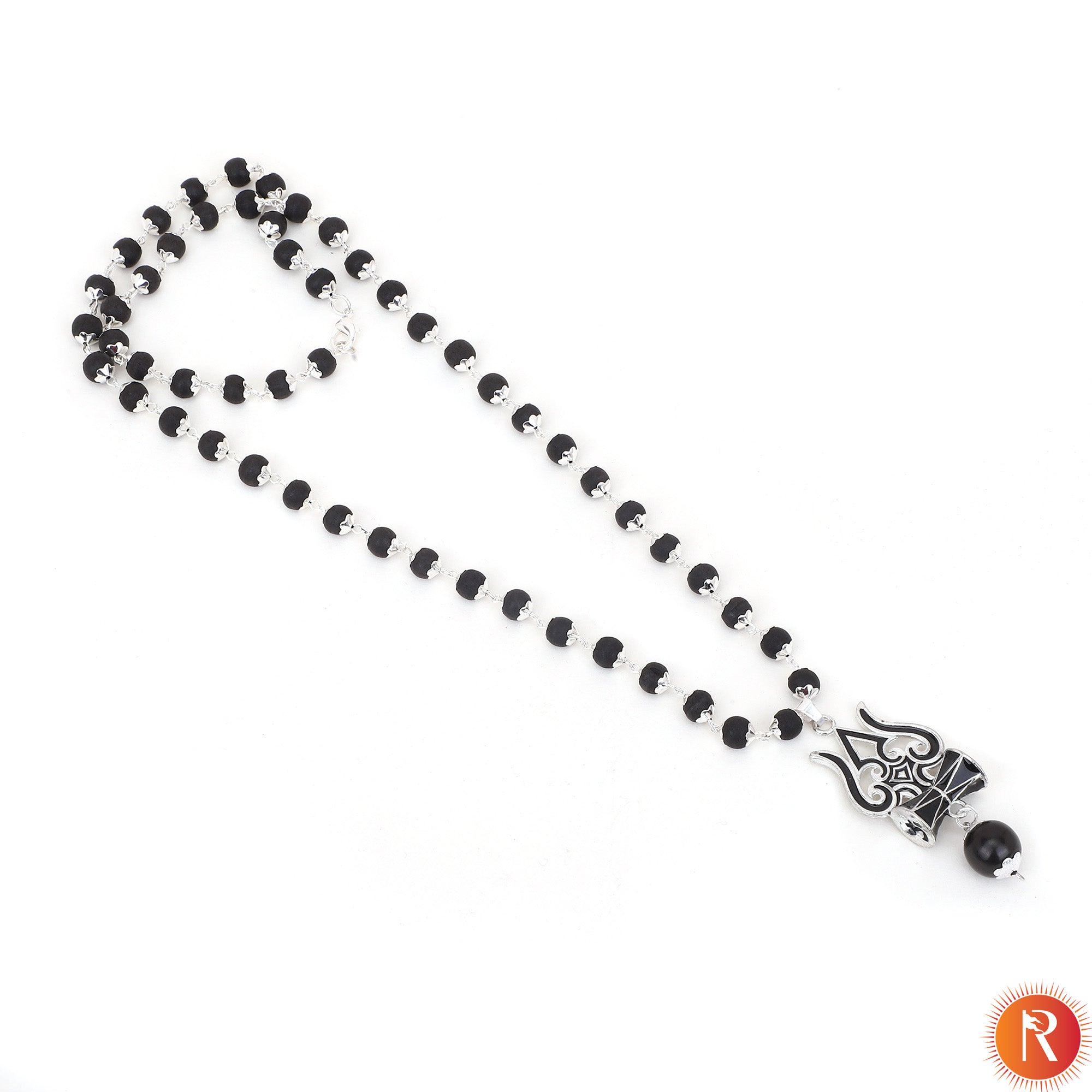 Karungali Mala & Mahadev Trishul & Damru Pendant with Silver Capping
