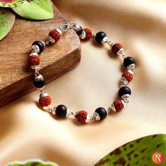 Rudraksha & Karungali Silver-Capped Healing Bracelet Religious Bazar