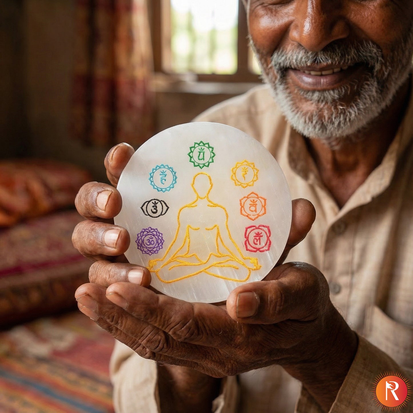 Vibrant 7 Chakra Meditation Selenite Plate