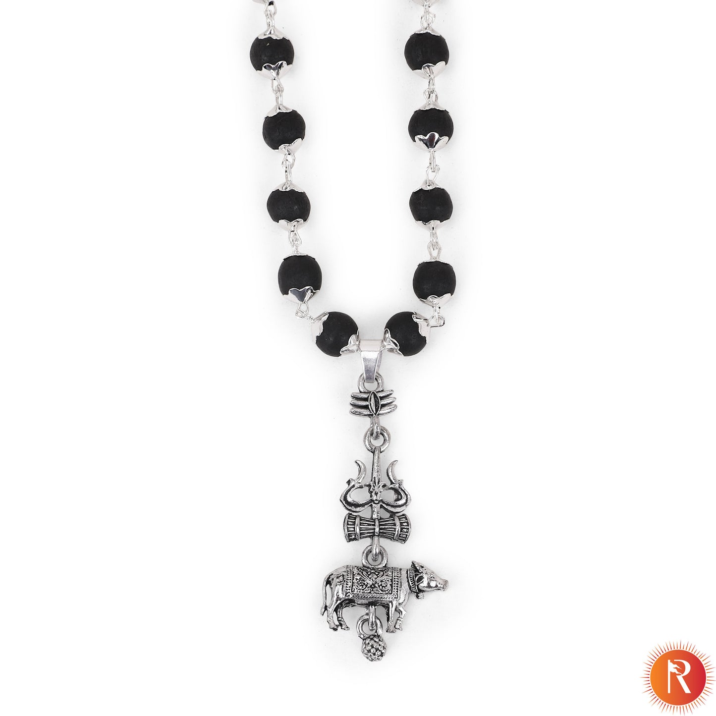 Shiva-Shakti Karungali Malai Silver Capped with Trishul, Damru, and Nandi Pendant