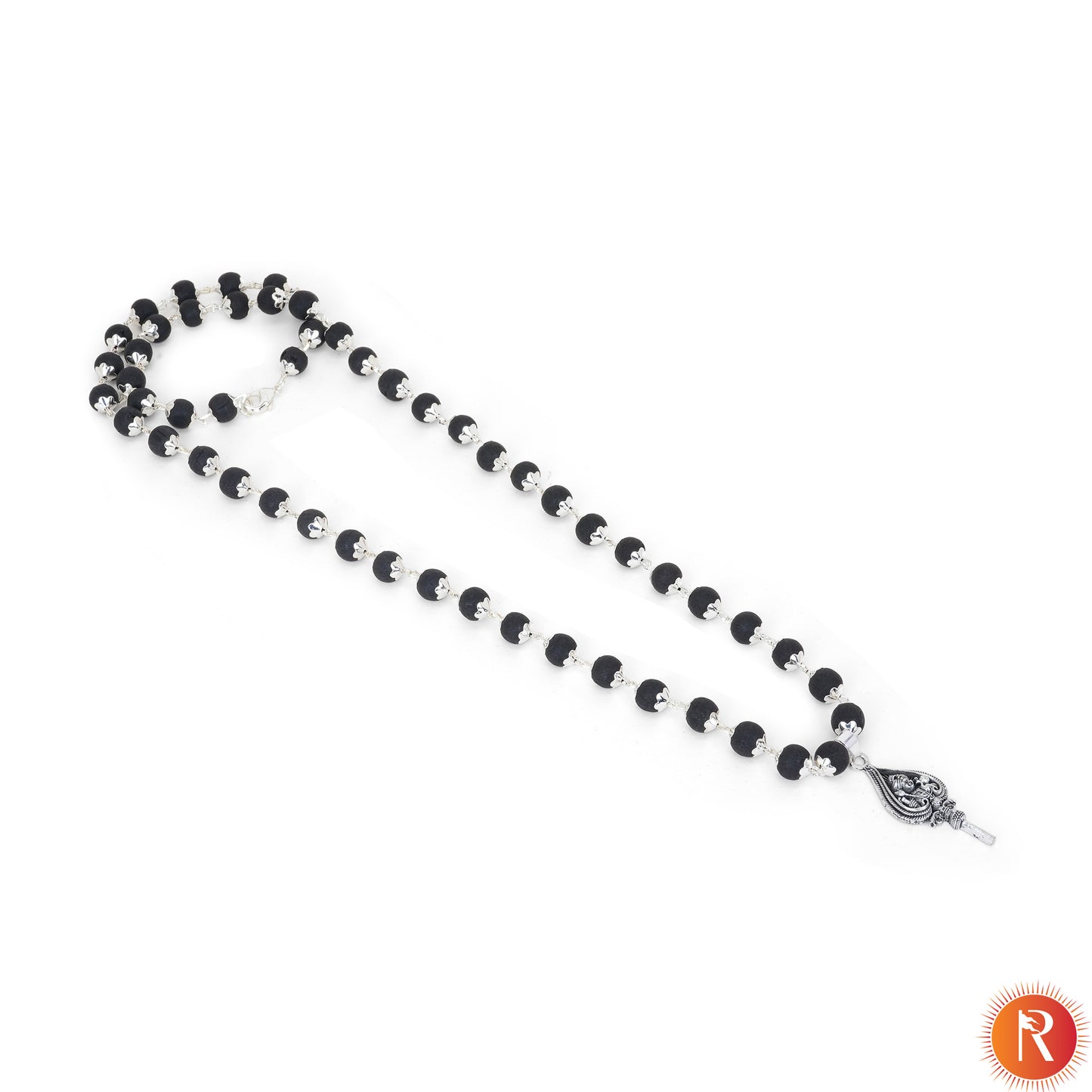 Silver Capped Karungali Malai with Lord Murugan Vel Pendant