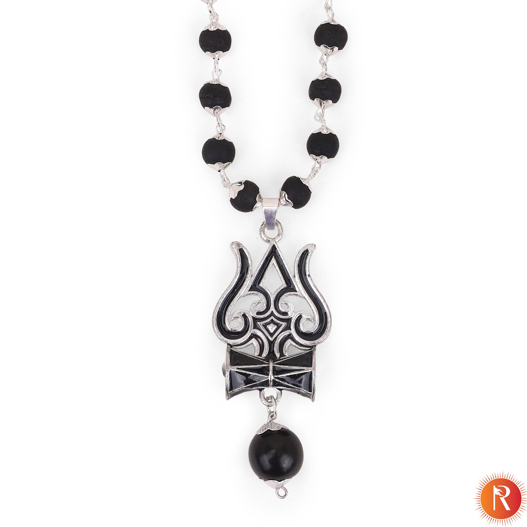 Karungali Mala & Mahadev Trishul & Damru Pendant with Silver Capping