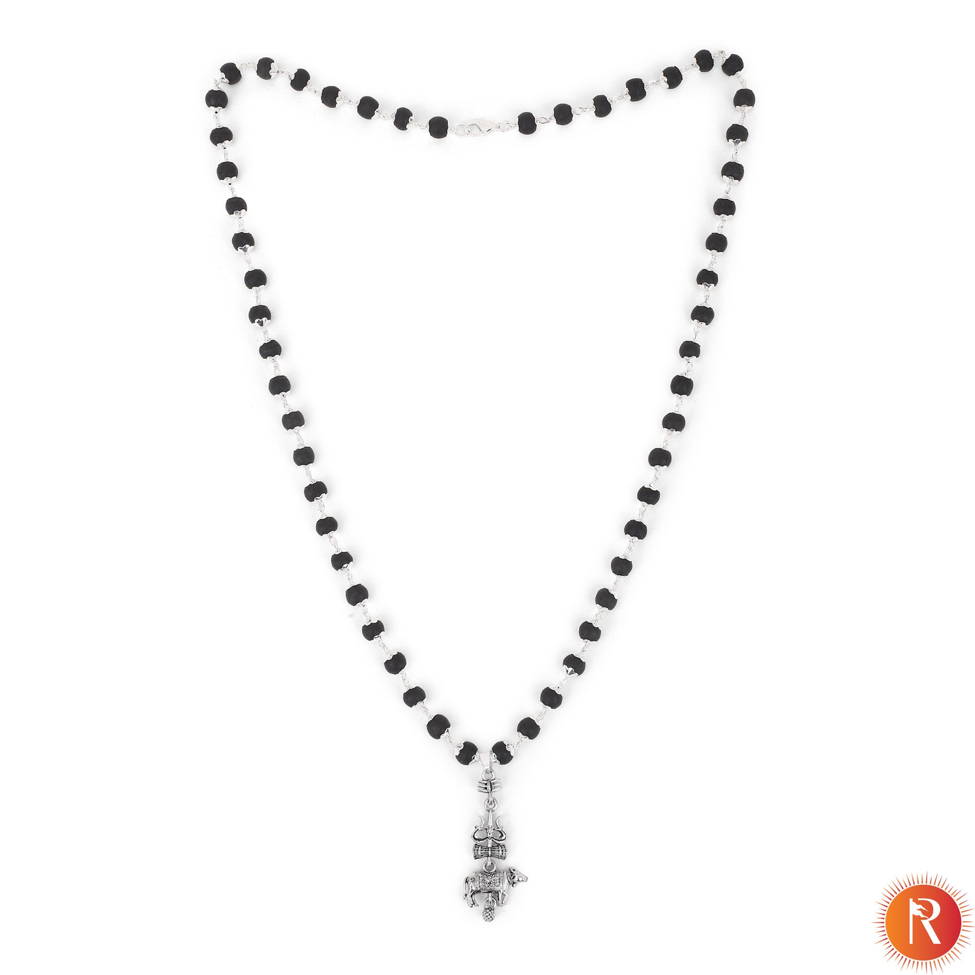 Shiva-Shakti Karungali Malai Silver Capped with Trishul, Damru, and Nandi Pendant