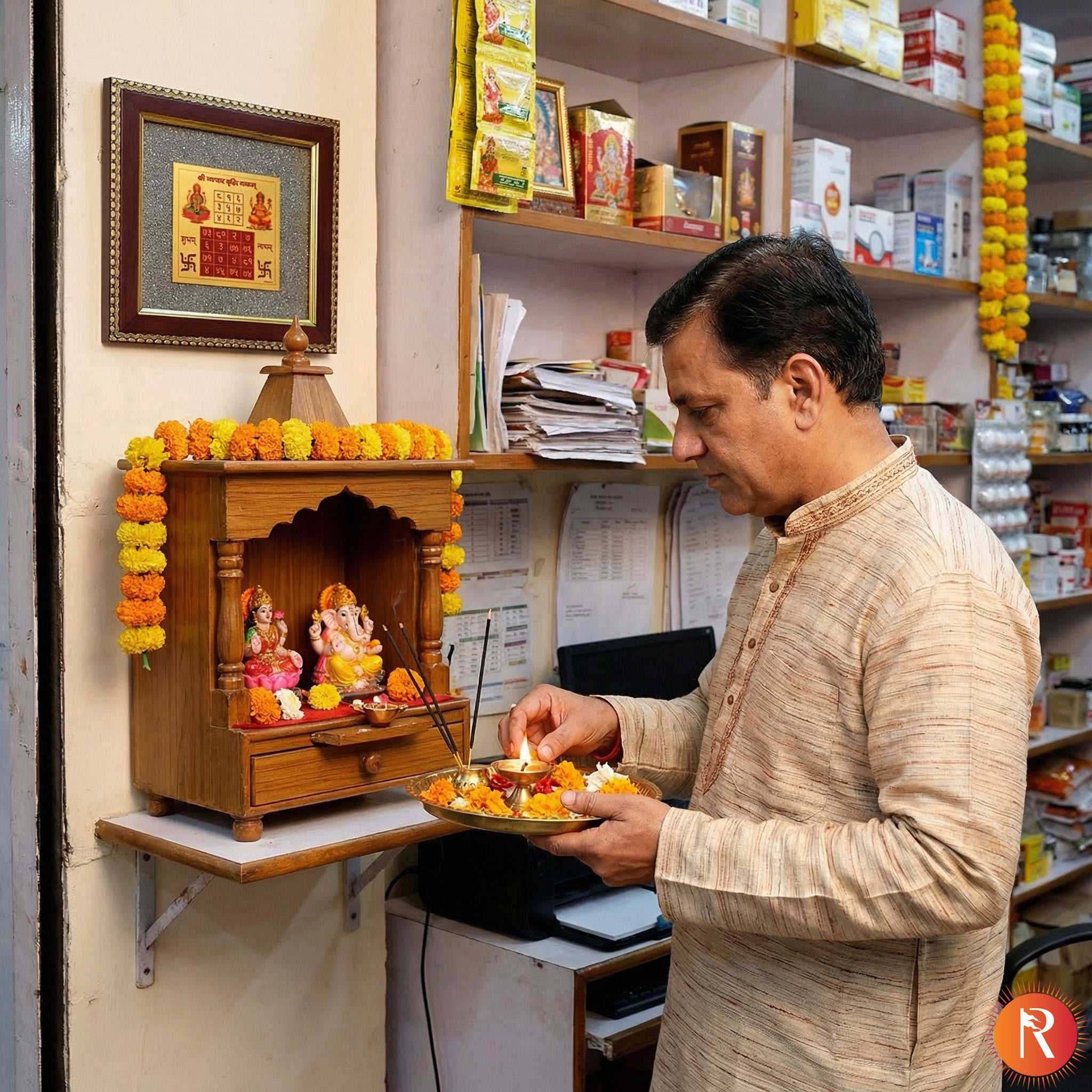 Shree Vyapar Vridhi Yantra on Raw Pyrite Stone Frame – For Business Growth & Wealth Attraction