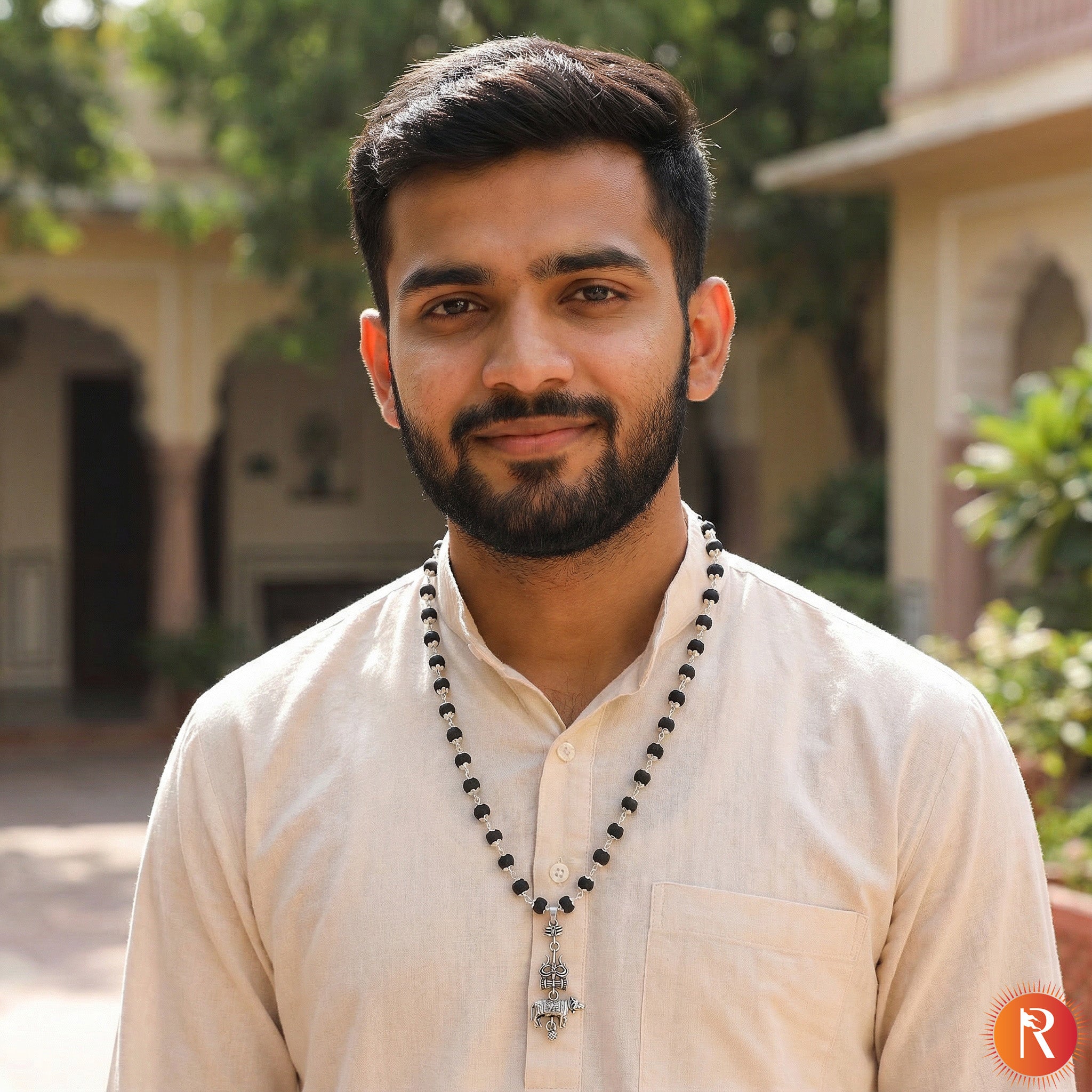 Shiva-Shakti Karungali Malai Silver Capped with Trishul, Damru, and Nandi Pendant