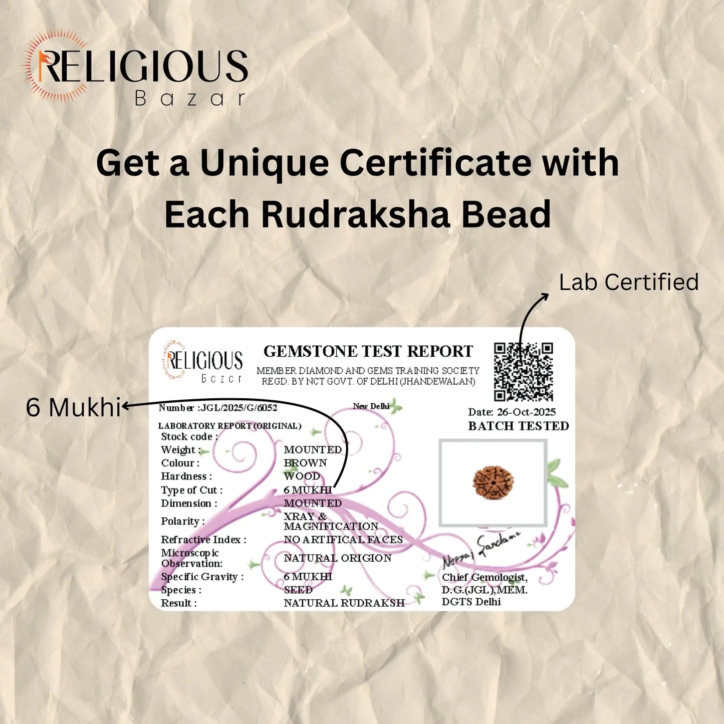 Nepal Origin 6 Mukhi Lab Certified Rudraksha - 18mm - 22mm Religious Bazar