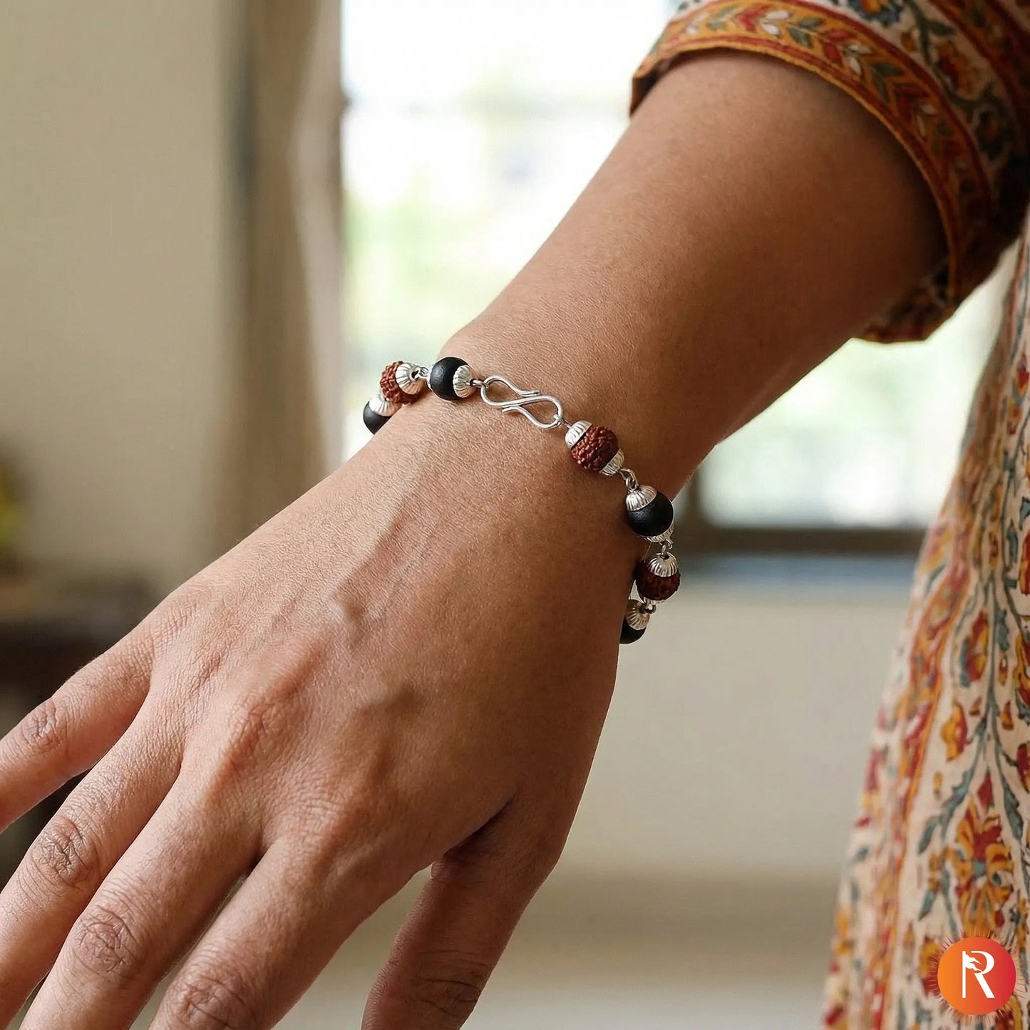 Rudraksha & Karungali Silver-Capped Healing Bracelet Religious Bazar