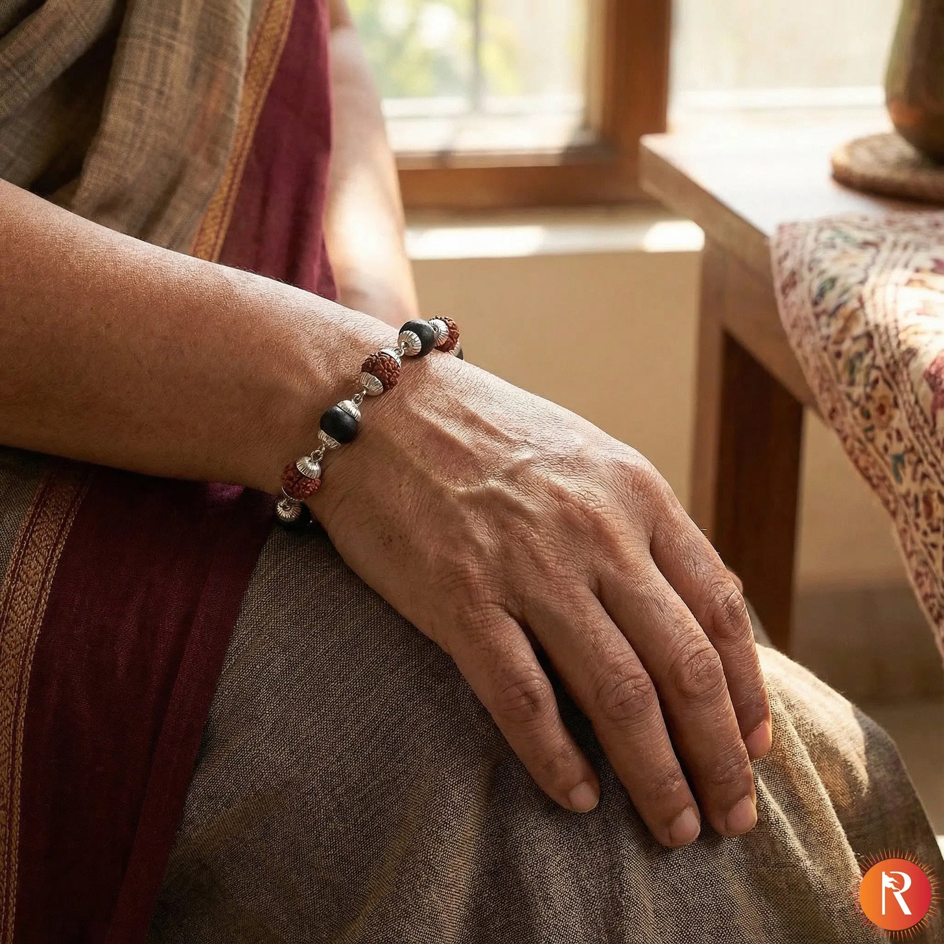 Rudraksha & Karungali Silver-Capped Healing Bracelet Religious Bazar
