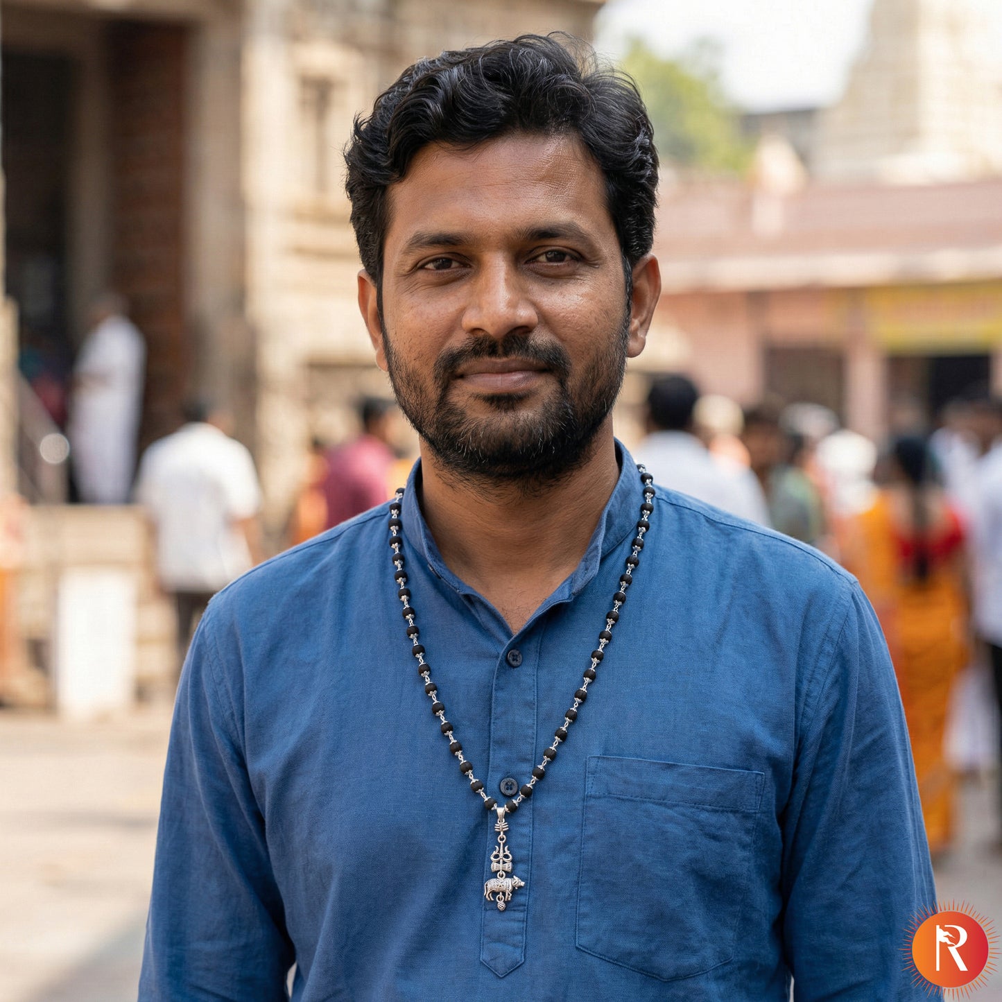 Shiva-Shakti Karungali Malai Silver Capped with Trishul, Damru, and Nandi Pendant