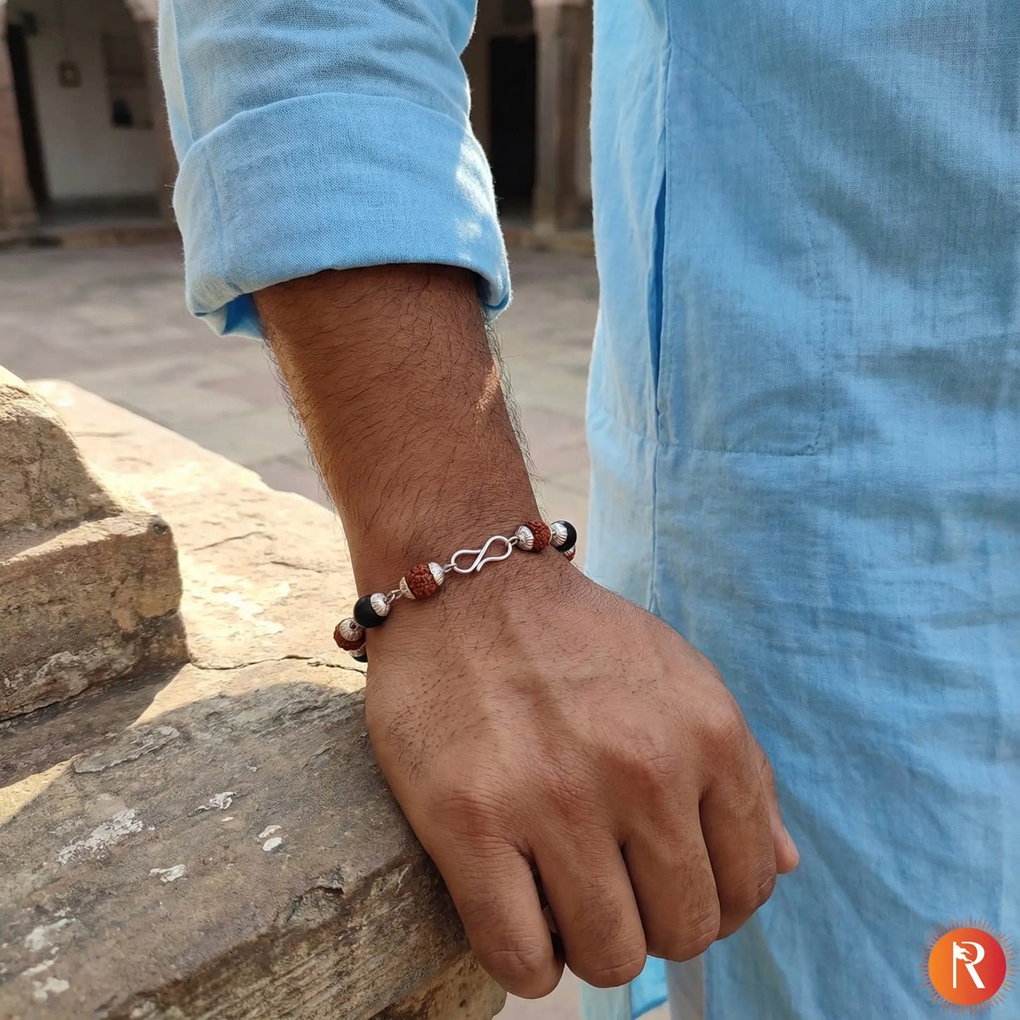 Rudraksha & Karungali Silver-Capped Healing Bracelet Religious Bazar